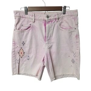 Isabel Marant Etoile Denim Shorts Womens 40 Pink Embroidered Boho Raw Hem Summer